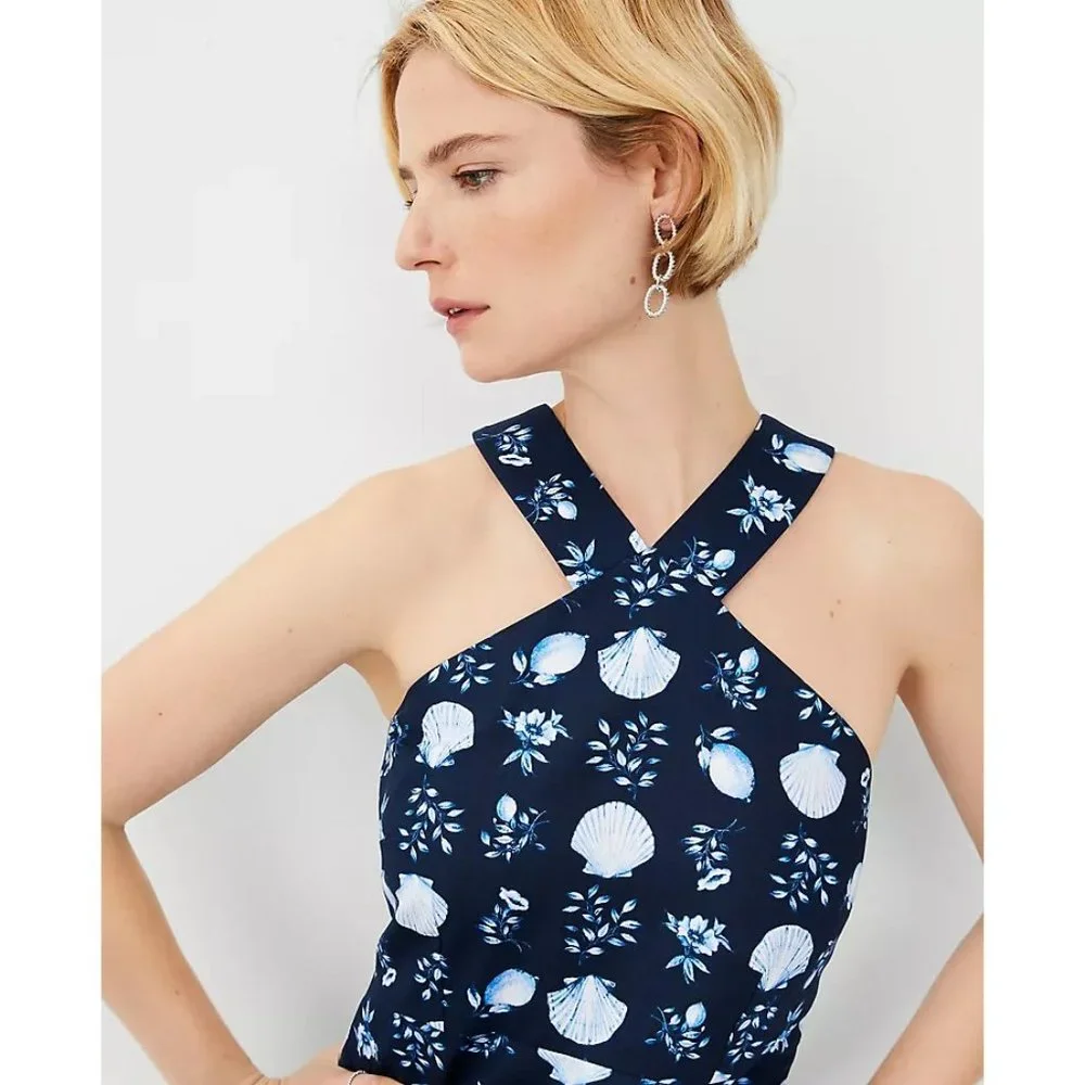 NEW Ann Taylor Shell Tile Halter Flare Dress Cotton Linen Blend Navy Women's 4 - Picture 3 of 3